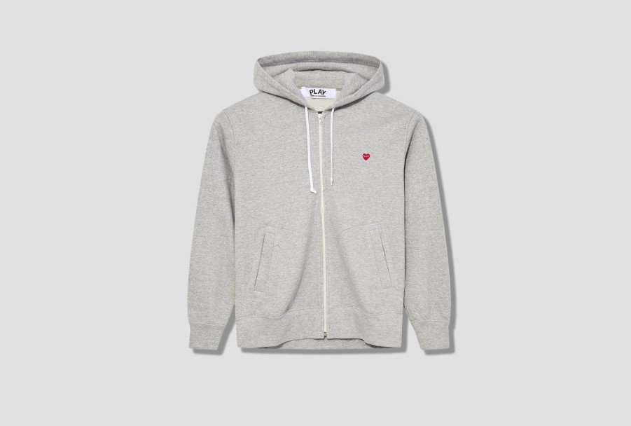 Clothing COMME des GARÇONS PLAY | Play Comme Des Garcons Mens Zip Hooded Sweatshirt Small Red Heart P1T312 Grey