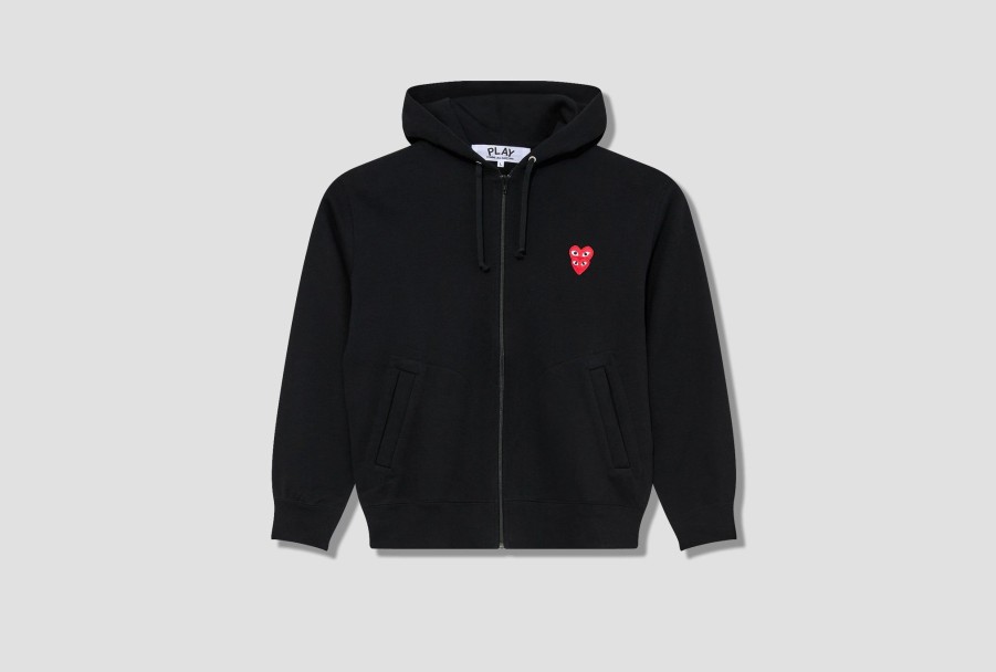 Clothing COMME des GARÇONS PLAY | Play Comme Des Garcons Mens Zip Hooded Sweatshirt Double Red Heart P1T294 Black