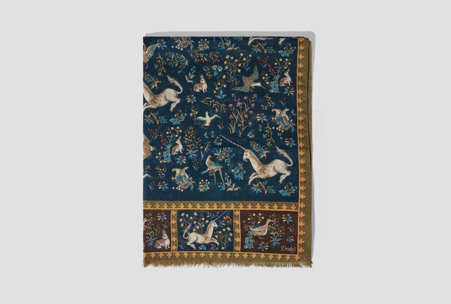 Accessories Drake’s | Unicorn Print Wool-Silk Scarf Dr1Ab1 22217-01 Navy