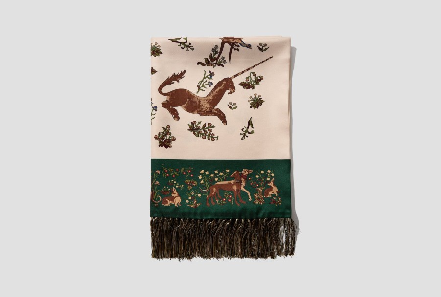 Accessories Drake’s | Unicorn Print Tubular Silk Tasselled Scarf Dr1Ab1 22221-01 Beige