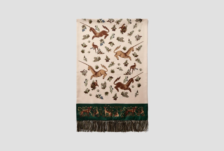 Accessories Drake’s | Unicorn Print Tubular Silk Tasselled Scarf Dr1Ab1 22221-01 Beige