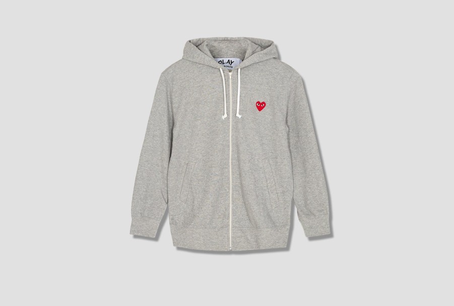 Clothing COMME des GARÇONS PLAY | Play Comme Des Garcons Mens Zip Hooded Sweatshirt Red Heart P1T168 Grey